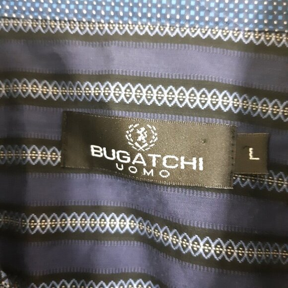 Bugatchi Uomo Mens Size Large Button Up Shirt Blue Striped Flip Cuff Long Sleeve - Picture 3 of 4